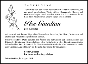 Traueranzeige von Ilse Gaudian von Südthüringer Presse