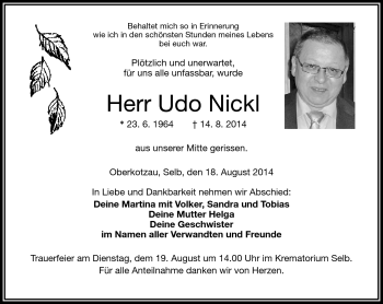Traueranzeige von Udo Nickl von Frankenpost