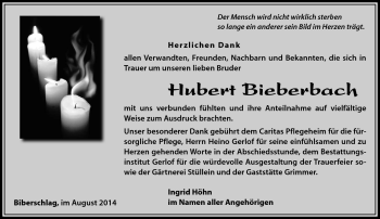 Traueranzeige von Hubert Bieberbach von Südthüringer Presse