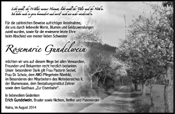 Traueranzeige von Rosemarie Gundelwein von Südthüringer Presse