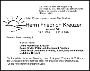 Traueranzeige von Friedrich Kreuzer von Frankenpost