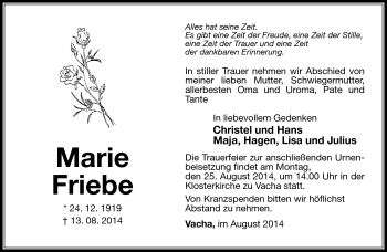 Traueranzeige von Marie Friebe von Südthüringer Presse