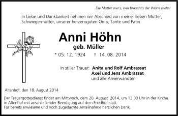 Traueranzeige von Anni Höhn von Neue Presse Coburg