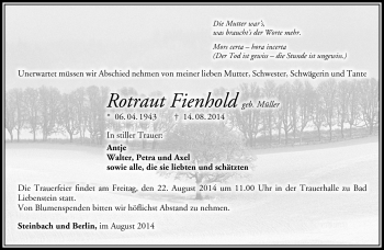 Traueranzeige von Rotraut Fienhold von Südthüringer Presse