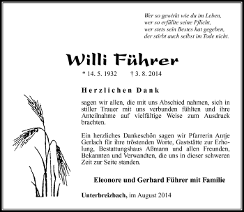 Traueranzeige von Willi Führer von Südthüringer Presse
