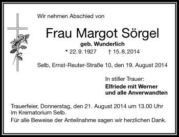 Traueranzeige von Margot Sörgel von Frankenpost
