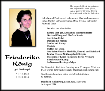 Traueranzeige von Friederike König von Südthüringer Presse