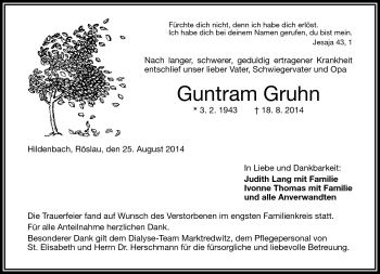 Traueranzeige von Guntram Gruhn von Frankenpost