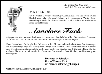 Traueranzeige von Annelore Fack von Südthüringer Presse