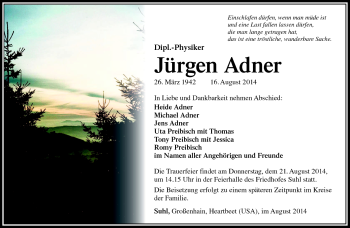 Traueranzeige von Jürgen Adner von Südthüringer Presse