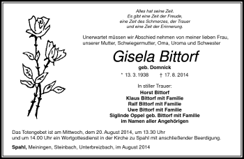 Traueranzeige von Gisela Bittorf von Südthüringer Presse