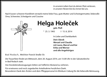 Traueranzeige von Helga Holecek von Neue Presse Coburg