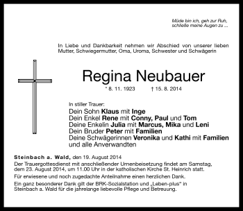Traueranzeige von Regina Neubauer von Neue Presse Coburg