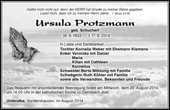 Traueranzeige von Ursula Protzmann von Südthüringer Presse