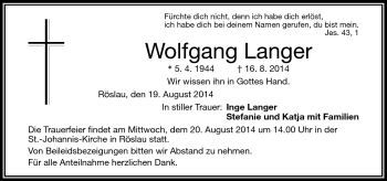 Traueranzeige von Wolfgang Langer von Frankenpost
