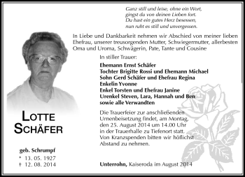 Traueranzeige von Lotte Schäfer von Südthüringer Presse