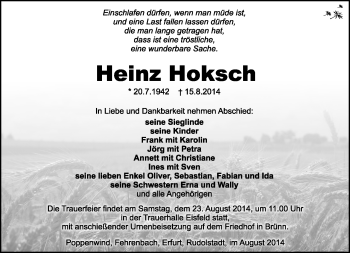 Traueranzeige von Heinz Hoksch von Südthüringer Presse