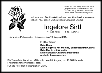 Traueranzeige von Inge Lore Sirtl von Frankenpost
