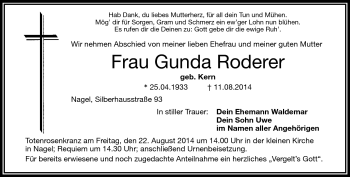 Traueranzeige von Gunda Roderer von Frankenpost
