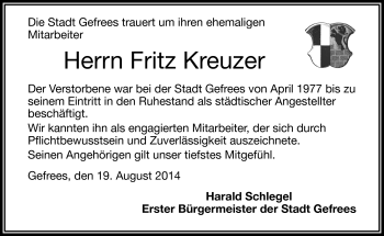 Traueranzeige von Fritz Kreuzer von Frankenpost