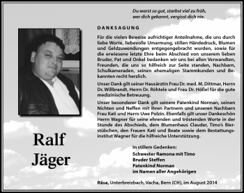 Traueranzeige von Ralf Jäger von Südthüringer Presse