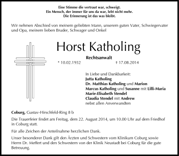 Traueranzeige von Horst Katholing von Neue Presse Coburg