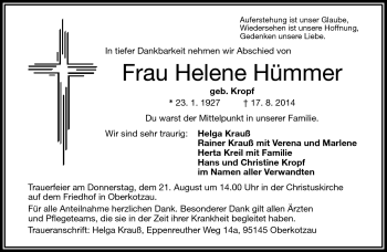 Traueranzeige von Helene Hümmer von Frankenpost