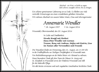 Traueranzeige von Annemarie Wendler von Frankenpost