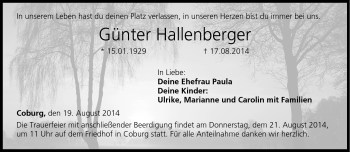 Traueranzeige von Günter Hallenberger von Neue Presse Coburg