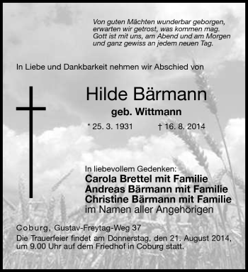 Traueranzeige von Hilde Bärmann von Neue Presse Coburg