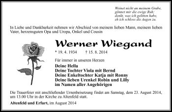 Traueranzeige von Werner Wiegand von Südthüringer Presse