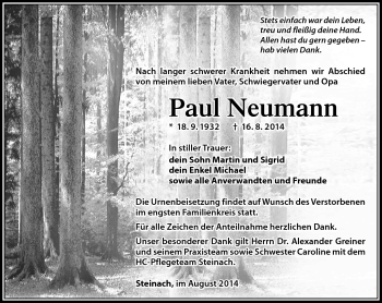 Traueranzeige von Paul Neumann von Südthüringer Presse