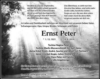 Traueranzeige von Ernst Peter von Südthüringer Presse