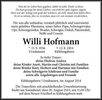 Traueranzeige von Willi Hofmann von Südthüringer Presse