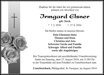 Traueranzeige von Irmgard Elsner von Südthüringer Presse
