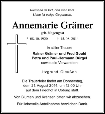 Traueranzeige von Annemarie Grämer von Neue Presse Coburg