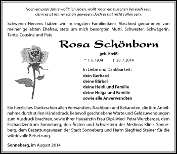 Traueranzeige von Rosa Schönborn von Südthüringer Presse