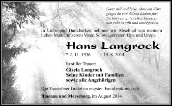 Traueranzeige von Hans Langrock von Südthüringer Presse