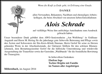 Traueranzeige von Alois Schrade von Südthüringer Presse
