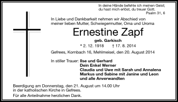 Traueranzeige von Ernestine Zapf von Frankenpost