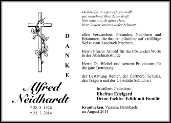 Traueranzeige von Alfred Neidhardt von Südthüringer Presse