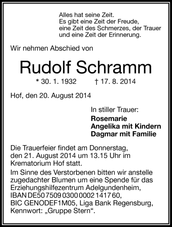 Traueranzeige von Rudolf Schramm von Frankenpost