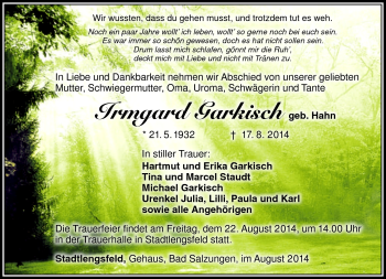 Traueranzeige von Irmgard Garkisch von Südthüringer Presse