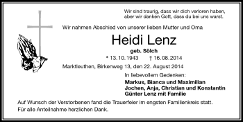 Traueranzeige von Heidi Lenz von Frankenpost