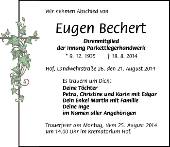 Traueranzeige von Eugen Bechert von Frankenpost