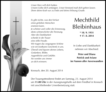 Traueranzeige von Mechtild Bleibinhaus von Neue Presse Coburg