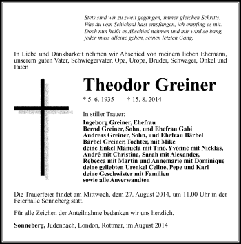 Traueranzeige von Theodor Greiner von Südthüringer Presse