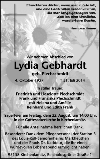 Traueranzeige von Lydia Gebhardt von Frankenpost