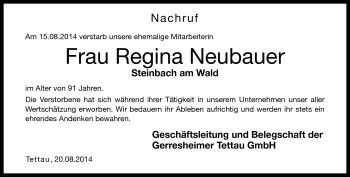 Traueranzeige von Regina Neubauer von Neue Presse Coburg