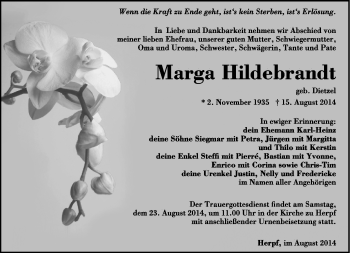 Traueranzeige von Marga Hildebrandt von Südthüringer Presse